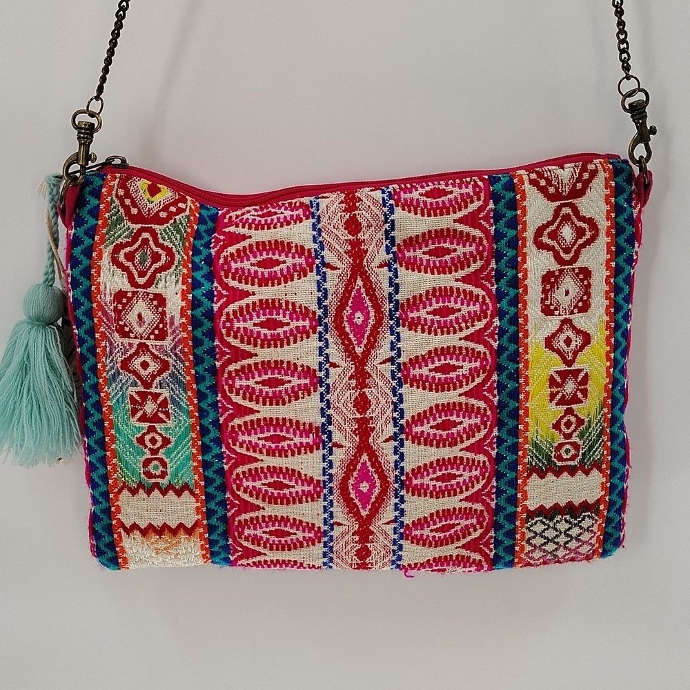 Camel Threads Totes & Toes Crossbody Bag Zip Top Chain Strap Embroidered - Picture 5 of 6